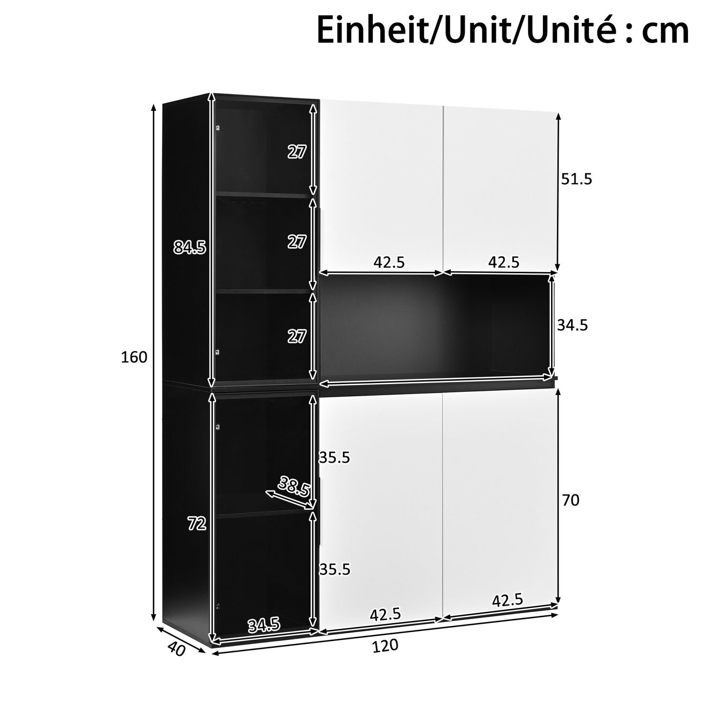 Tall Cabinet, Display Cabinet, Highboard, Sideboard, Black And White Look, Glass Elements, Integrated LED Lights, MDF Body, Spacious Storage Space, Dining Room Cabinet, Living Room Cabinet