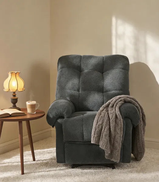 Dark Gray Recliner Chair, Overstuffed Armchair, Manual Recliner, Living Room Seating, Reading Chair, Padded Footrest, Home Theater Seating, Ergonomic Lounge Chair, Soft Fabric Recliner, Furniture.