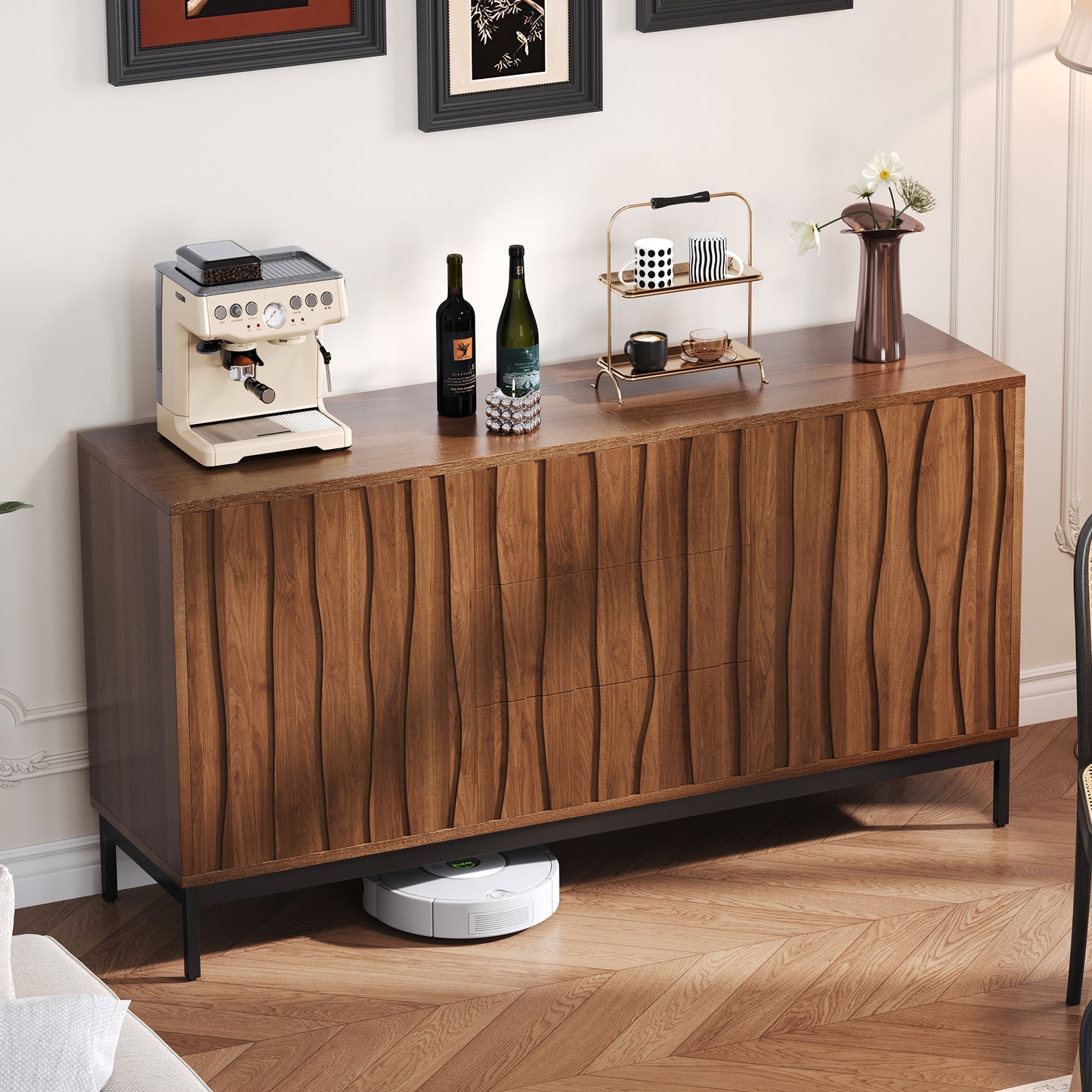 Sideboard 150cm Dark Grained Oak, 3 Drawers, Large Sideboard, Kitchen Cabinet, One-Piece Recess, Mid Century Modern Decorative Cabinet For Kitchen, Living Room, Entryway, Hallway