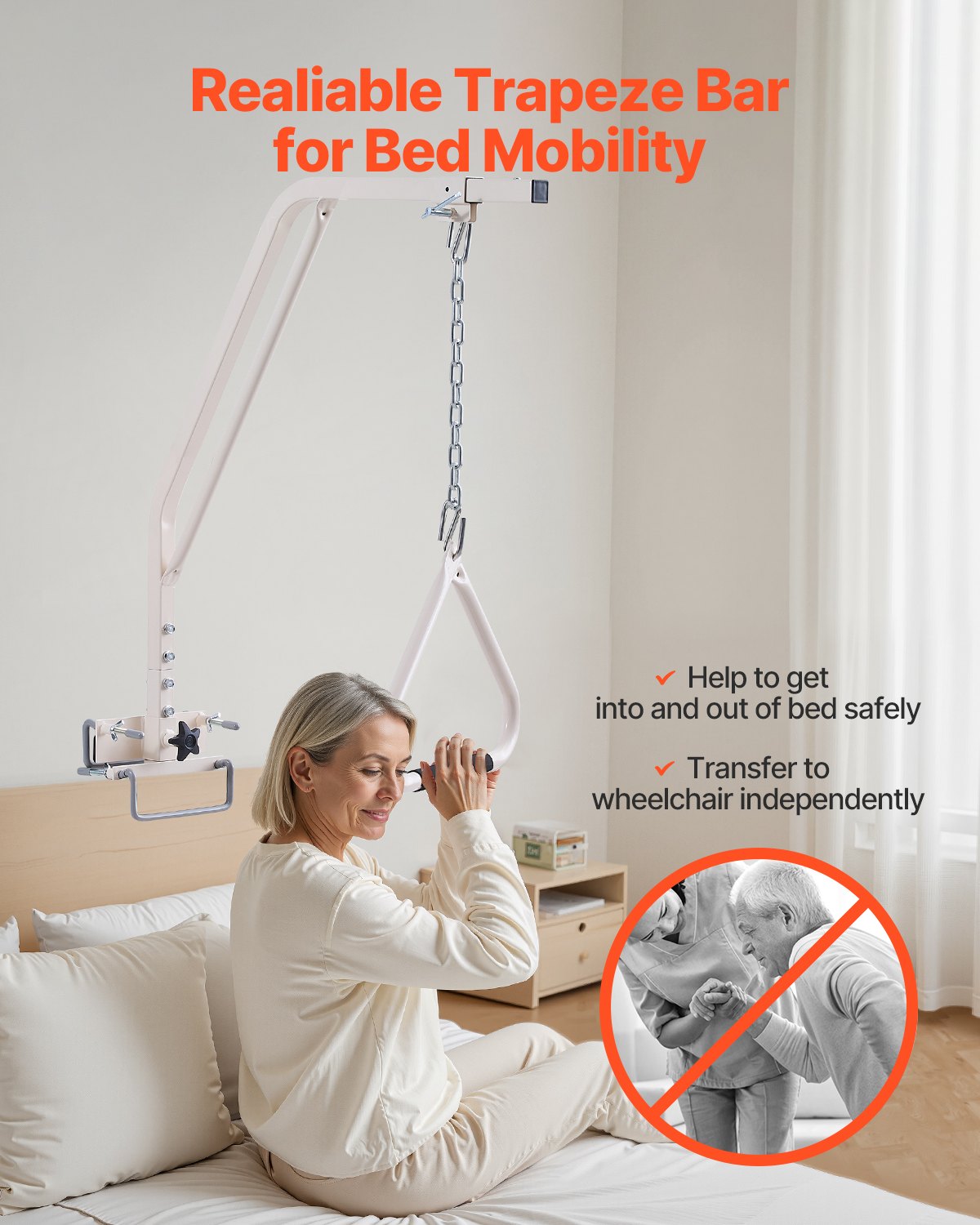 Trapeze Bar For Bed Mobility, Medical Bed Trapeze With Clamps & Metal Chain, 250LBS Weight Capacity Bed Pull Up Assist For Elderly & Disabled, Ideal For Home Care, Hospitals, Nursing Homes
