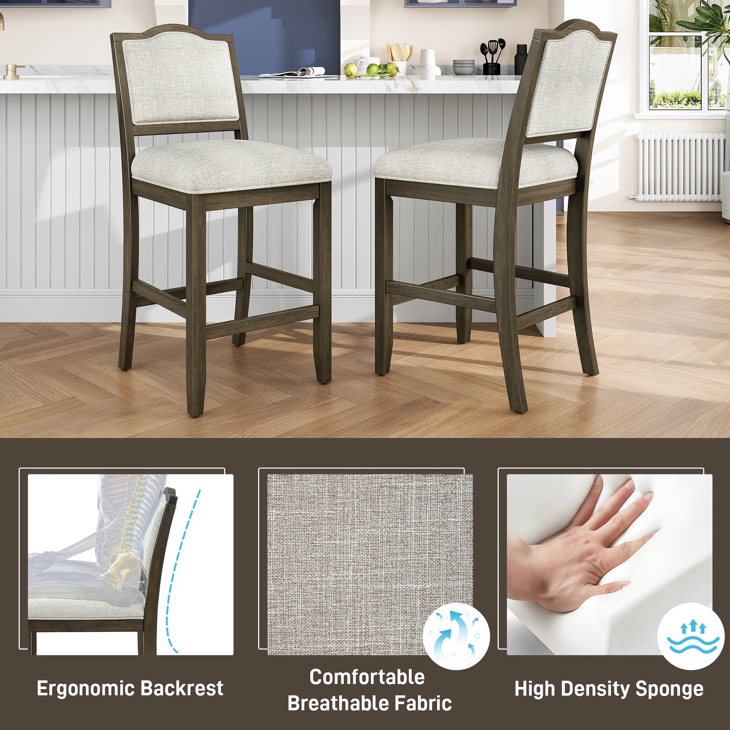 Counter Height Bar Stools Set Of 2 - Rustic 2 Pack Bar Stools With Rubber Wood Frame, Ergonomic Backrest, Versatile For Kitchen Island, Dining Room, Brown