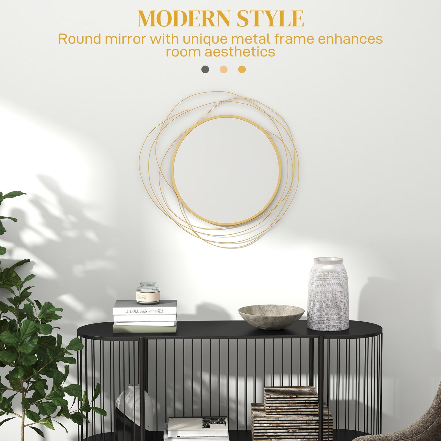 Abstract Metal Wire Wall Mirror, With Accessories - Gold Tone