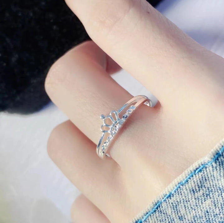 1 Piece 999 Sterling Silver Crown CZ Stackable Ring, Delicate Princess Style, For Daily Wear & Valentine's Gifts