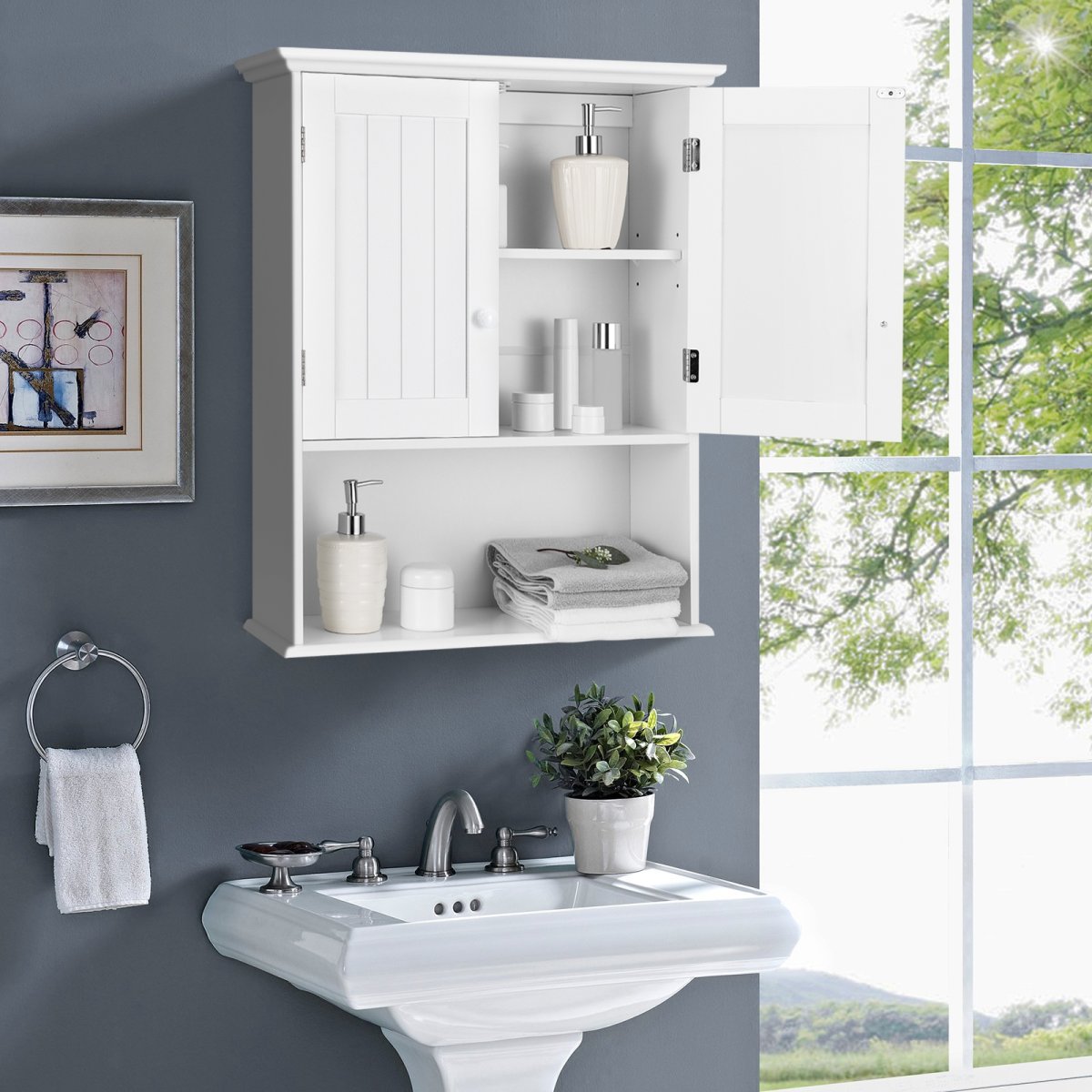 2-Door Wall Mount Bathroom Storage Cabinet With Open Shelf-White