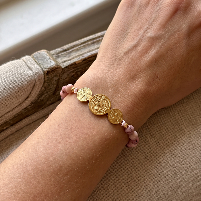 St. Benedict Medal Protection Bracelet - 18K Gold Plated Stainless Steel Natural Tiger's Eye Rhodonite Stone Beads - Adjustable Religious Gift For Men Women