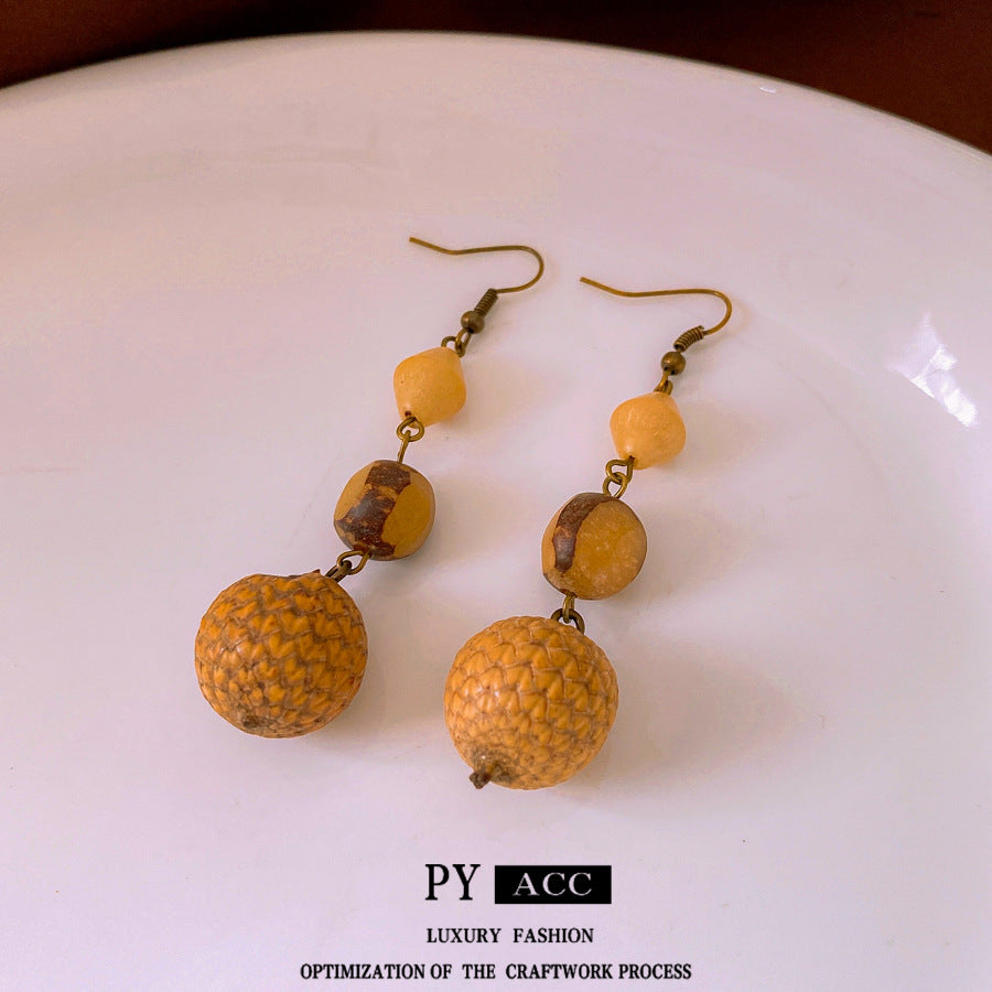 Retro Ethnic Style Resin Fruit Core Tassel Earrings Fashion Design Sense Niche Accessories