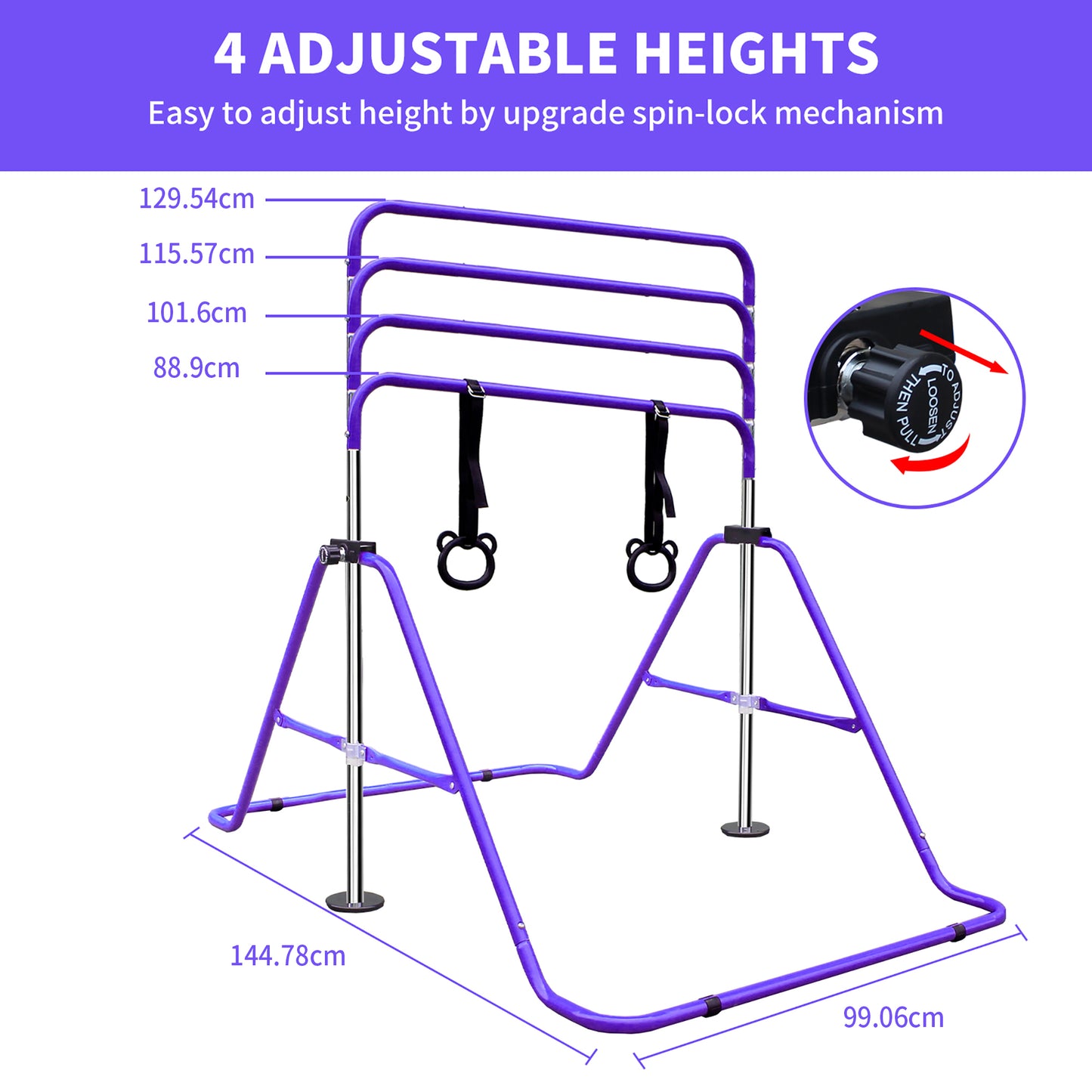 Children's Gymnastics Bar, Height Adjustable From 88.9 -- 129.54 Cm, Convenient For Storage, Non-slip, Suitable For Home Outdoor Training For Beginners And Young Athletes, Purple.