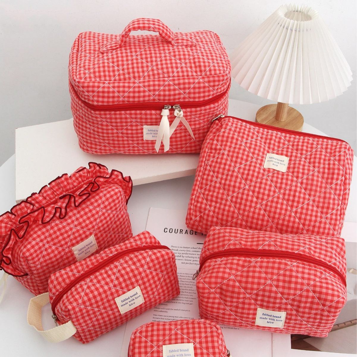 Red Plaid Makeup Bag Portable For Travel