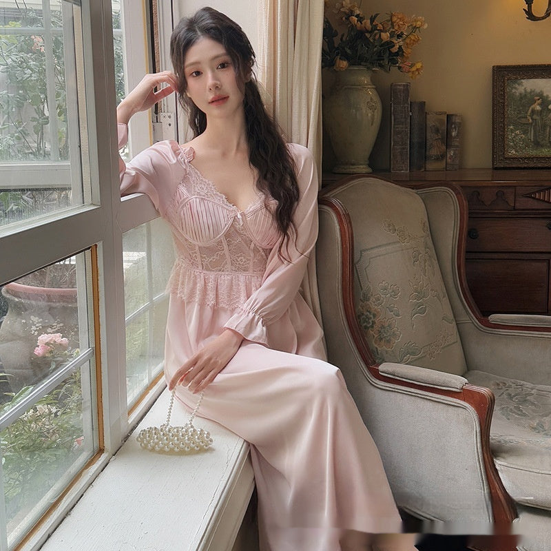French Royal Style Sweet Beauty Artificial Silk Spring And Summer With Chest Pad Solid Color Long Sleeve Nightdress