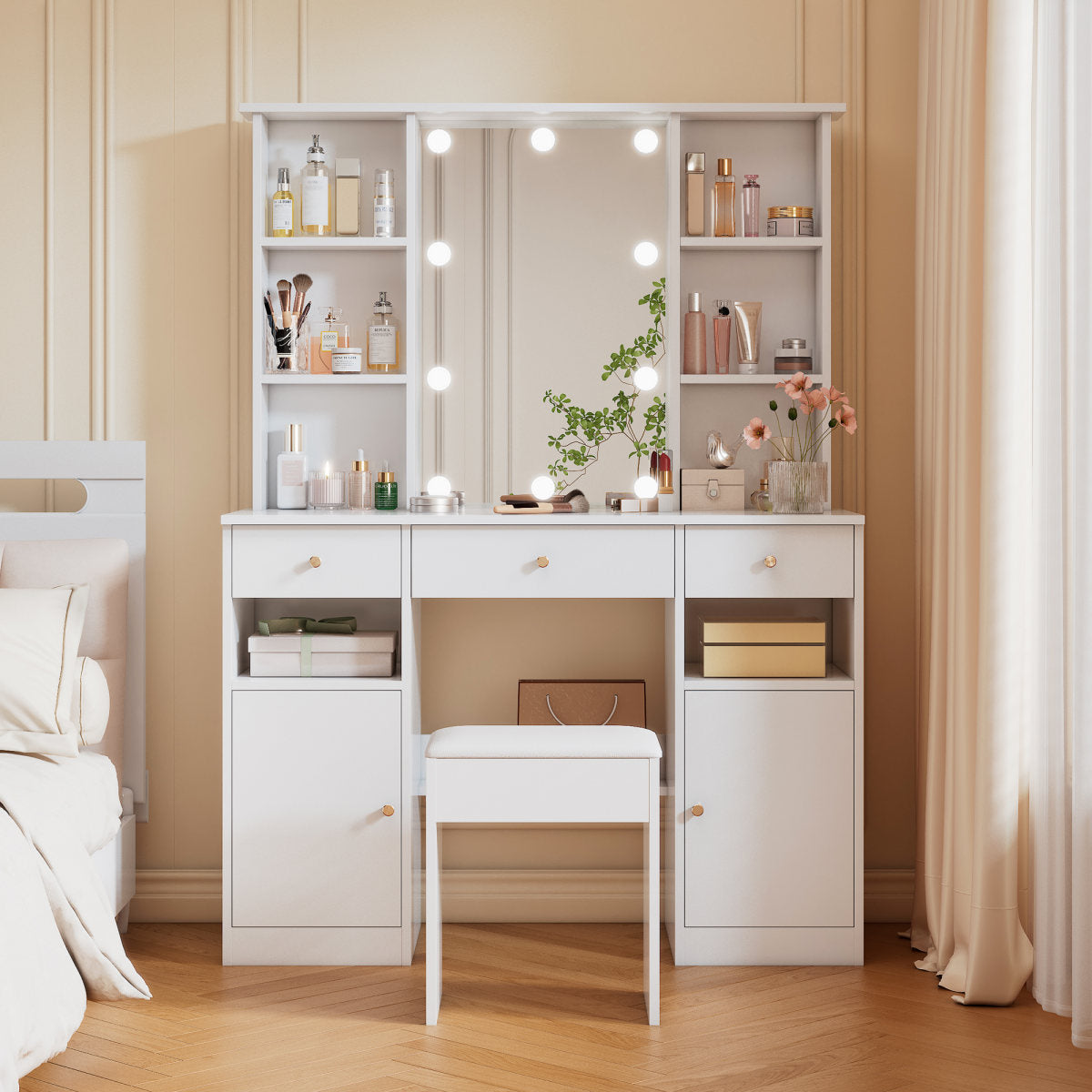 Large Dressing Table, Makeup Table With Adjustable LED Lighting, With Mirror And Dressing Table Stool, 3 Drawers And 2 Doors, Bedroom White, Dimensions H151 Cm XB110cmX T40 Cm