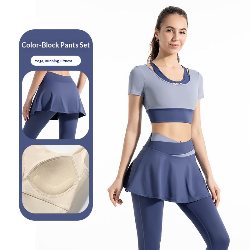 Color-matching No-wear Bra Quick-drying Fake Two-piece Short-sleeved Yoga Suit Women's High-waist Hiding Hip Anti-glare Fitness Culottes Suit
