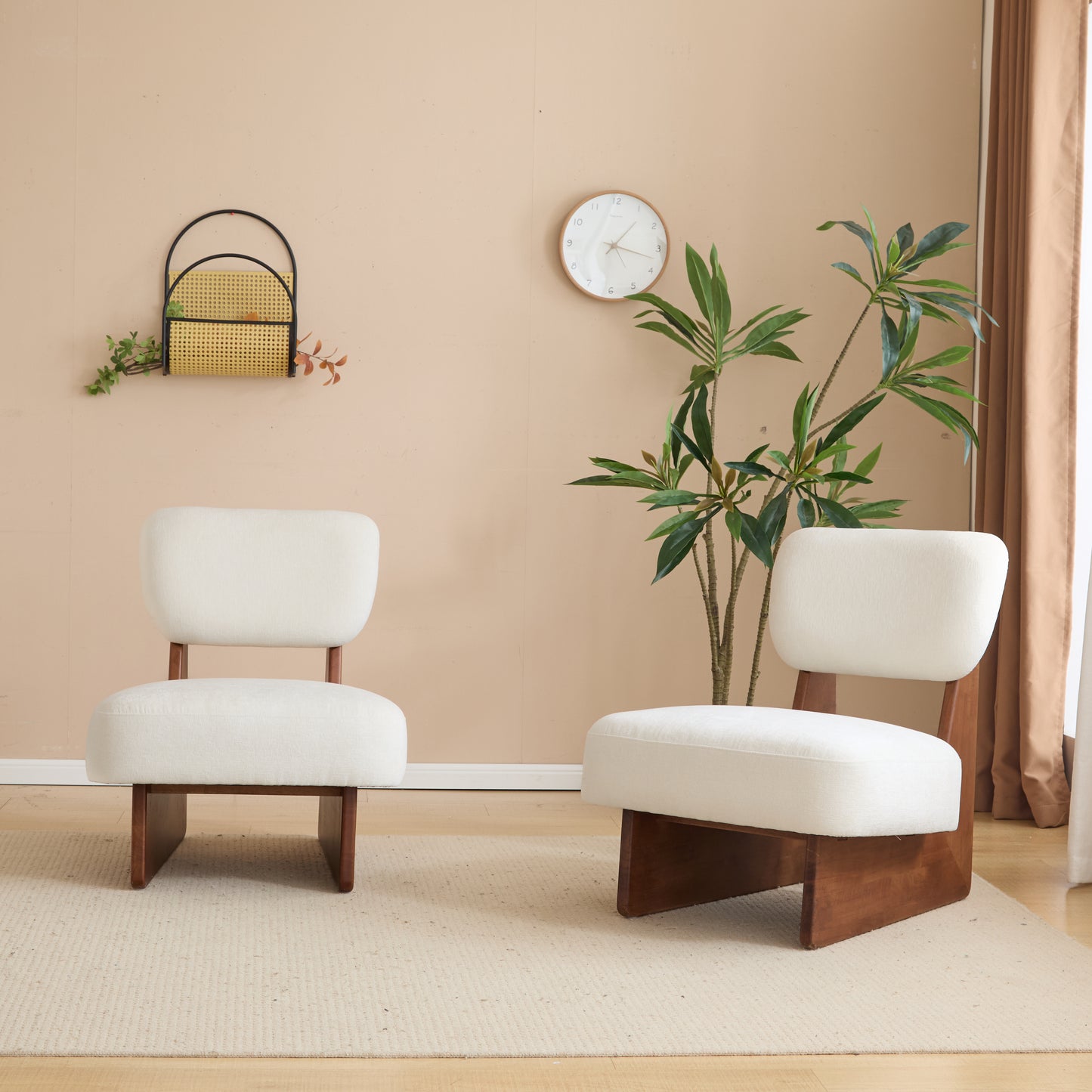Modern Beige Lounge Chair With Polyester Upholstery, Sturdy Wood Base With Walnut Finish, Minimalist And Stylish Accent Seating For Living Room, Bedroom, Or Office