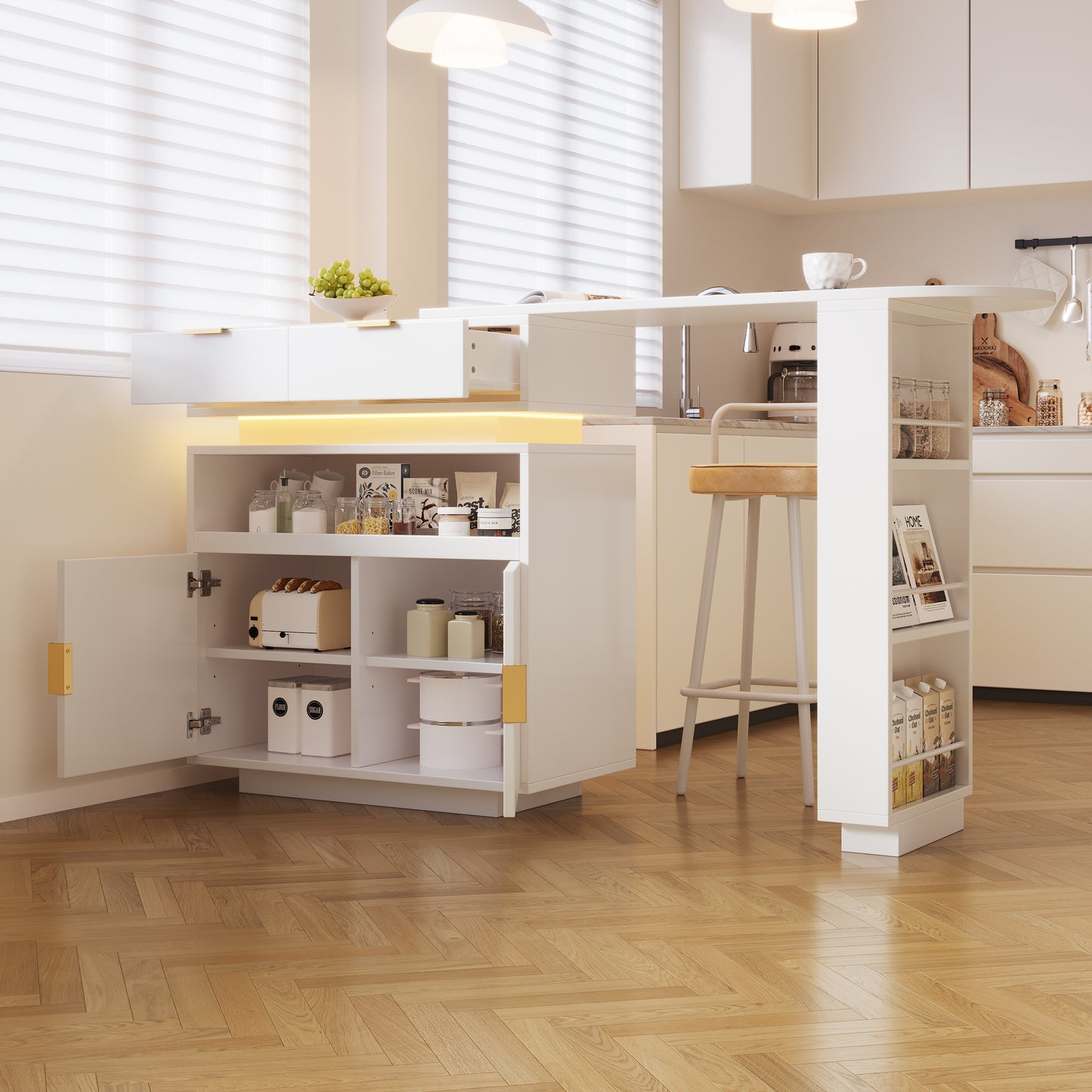 Extendable Bar Table  115-183 X 40 X 99 Cm , Extendable Kitchen Island, Bar Table With Storage Space, LED Lighting, 360  Rotation Function, Mobile Coffee Bar, Suitable For Kitchen And Dining Room, Whi