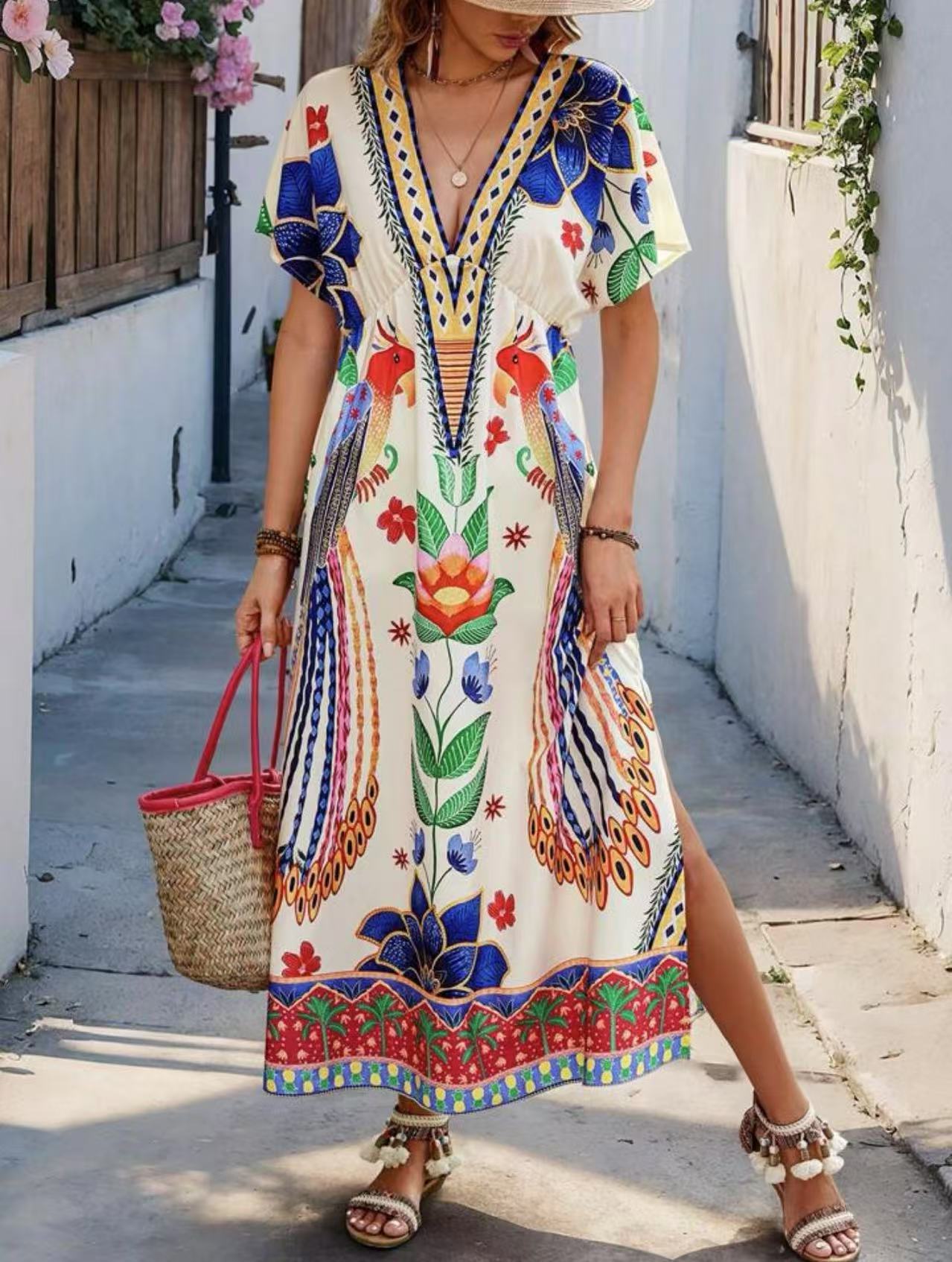 New Seasonal V-neck Printed Fashionable Loose-fit Short-sleeve Maxi Dress