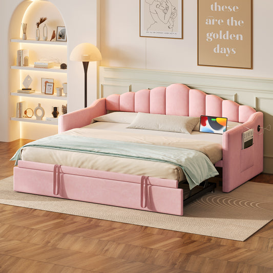 Upholstered Twin Size Daybed With Adjustable Height Pop Up Trundle Twin Bed And USB & Type-C Charging Port, Day Bed Frame With 2 Side Pockets, No Box-Spring Needed, Pink Old SKU N733S285118H