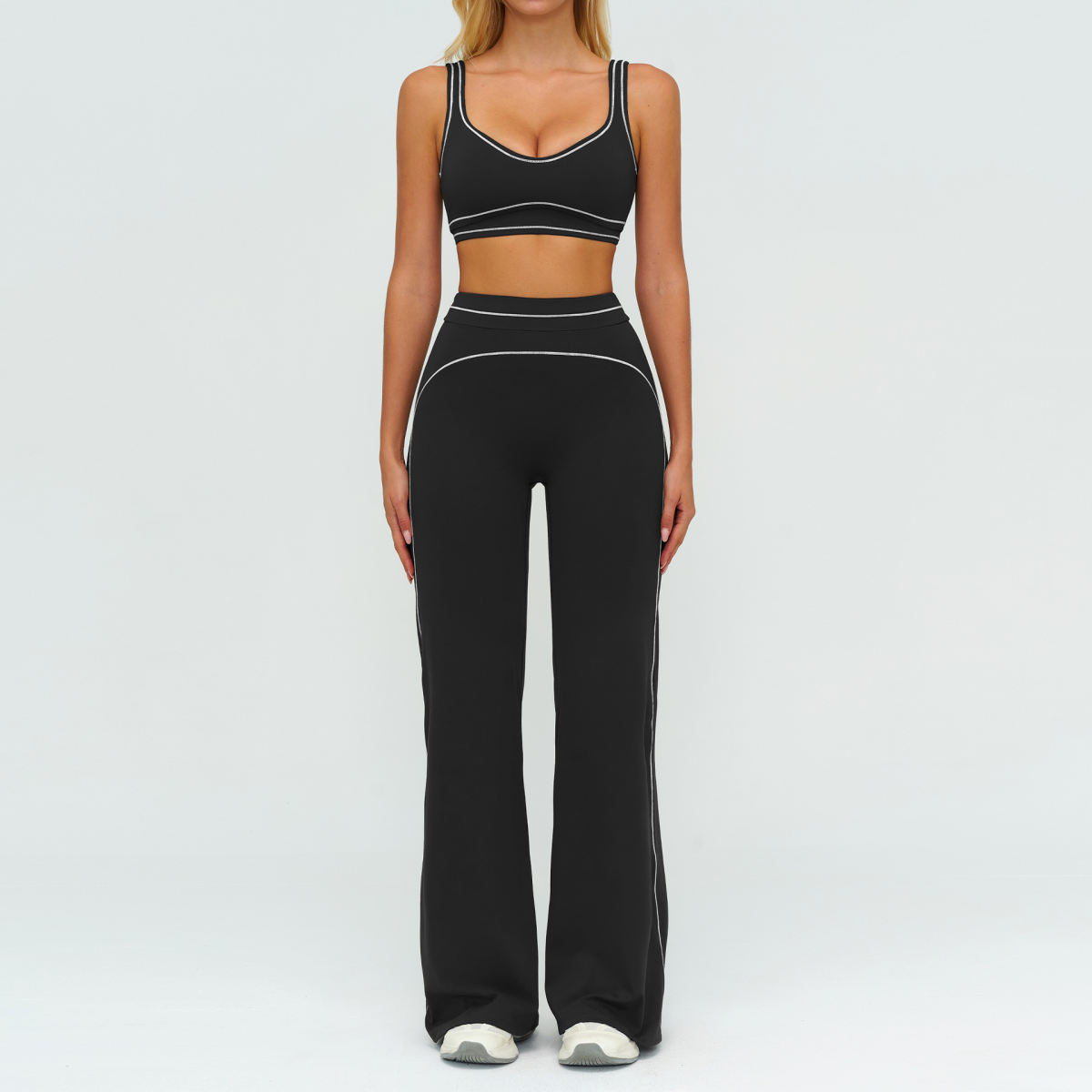 Contrast-color Brushed Yoga Set With Dual Shoulder Straps