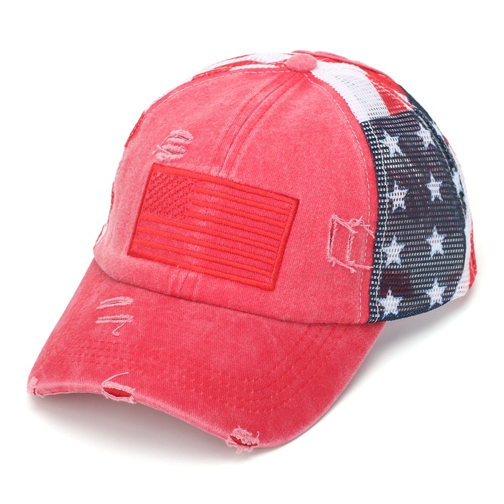 American Retro Brushed-hole Printed Flag Baseball Cap For Summer Outdoor Wear, With Ponytail Netting And A Floppy Brim