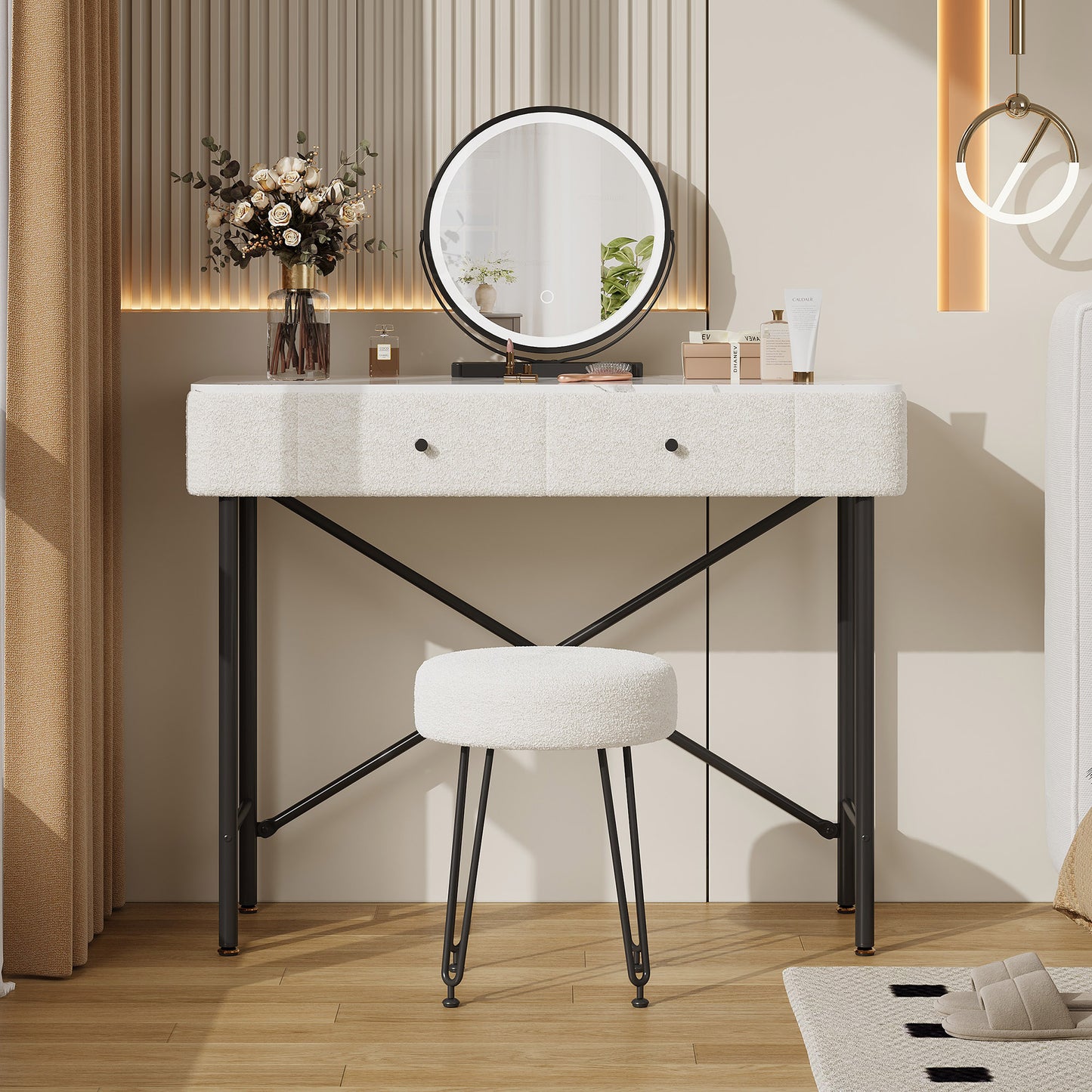 Dressing Table With Lighting And Stool, Dressing Table With LED Mirror, 2 Drawers, Table Top With Marble Look, Modern Cosmetic Table With Fleece Decoration, Black & White, 100x40x120cm