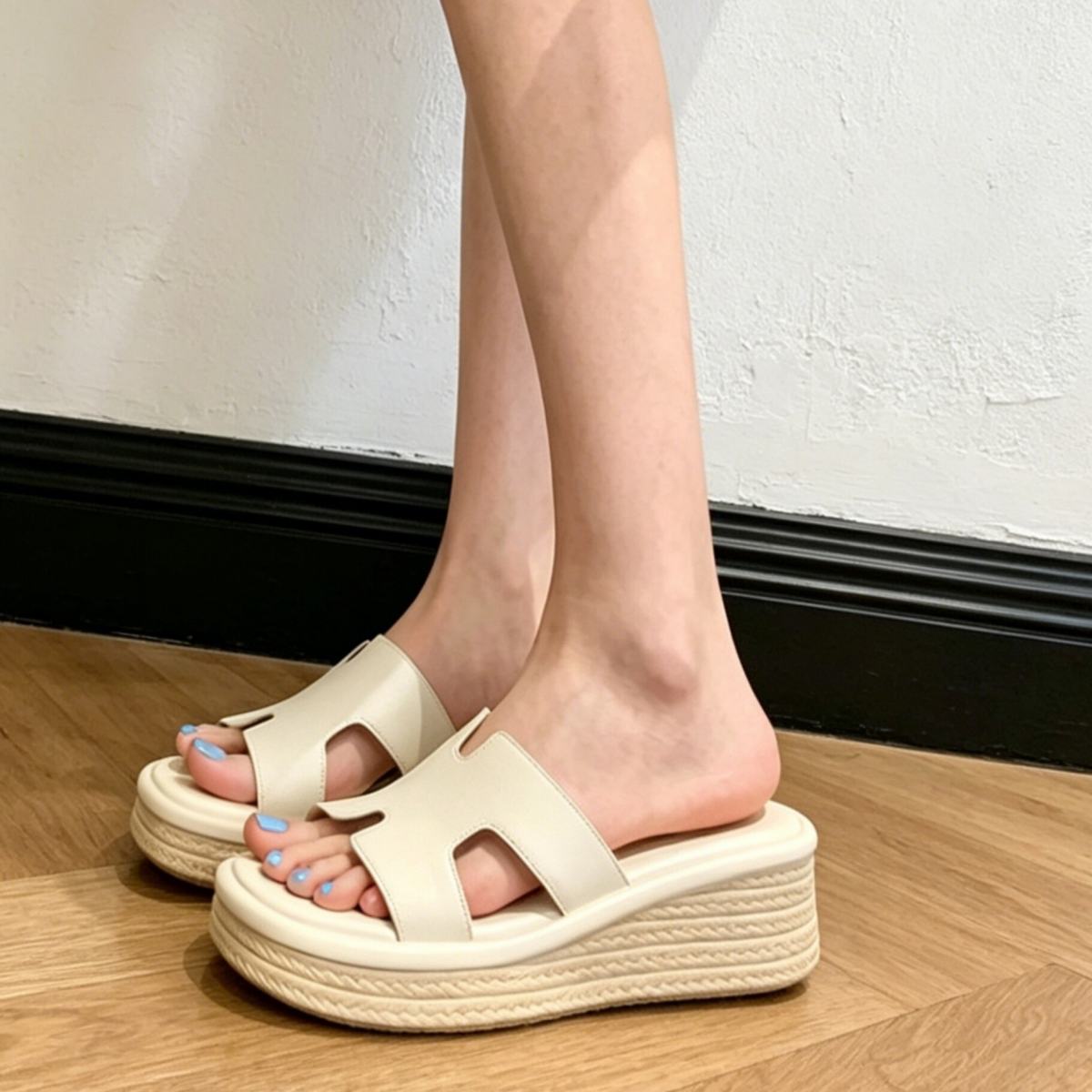 Women Summer New Wedge Platform Thick Sole Slippers Soft Leather Wedge Casual Slide Sandals For Outdoor Wear