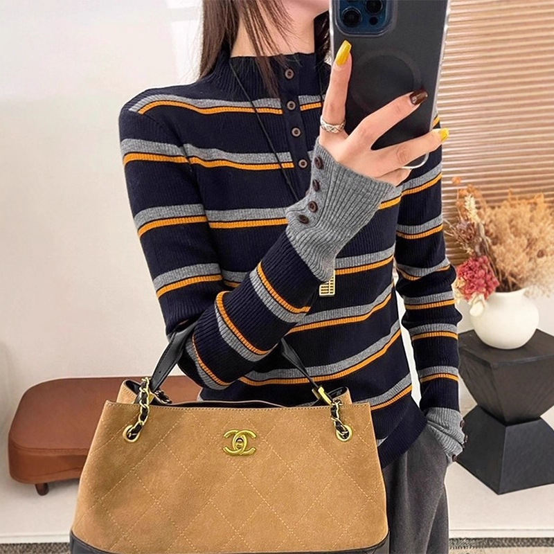 Striped Color-blocking Korean-style Long-sleeve High-end Women's Top