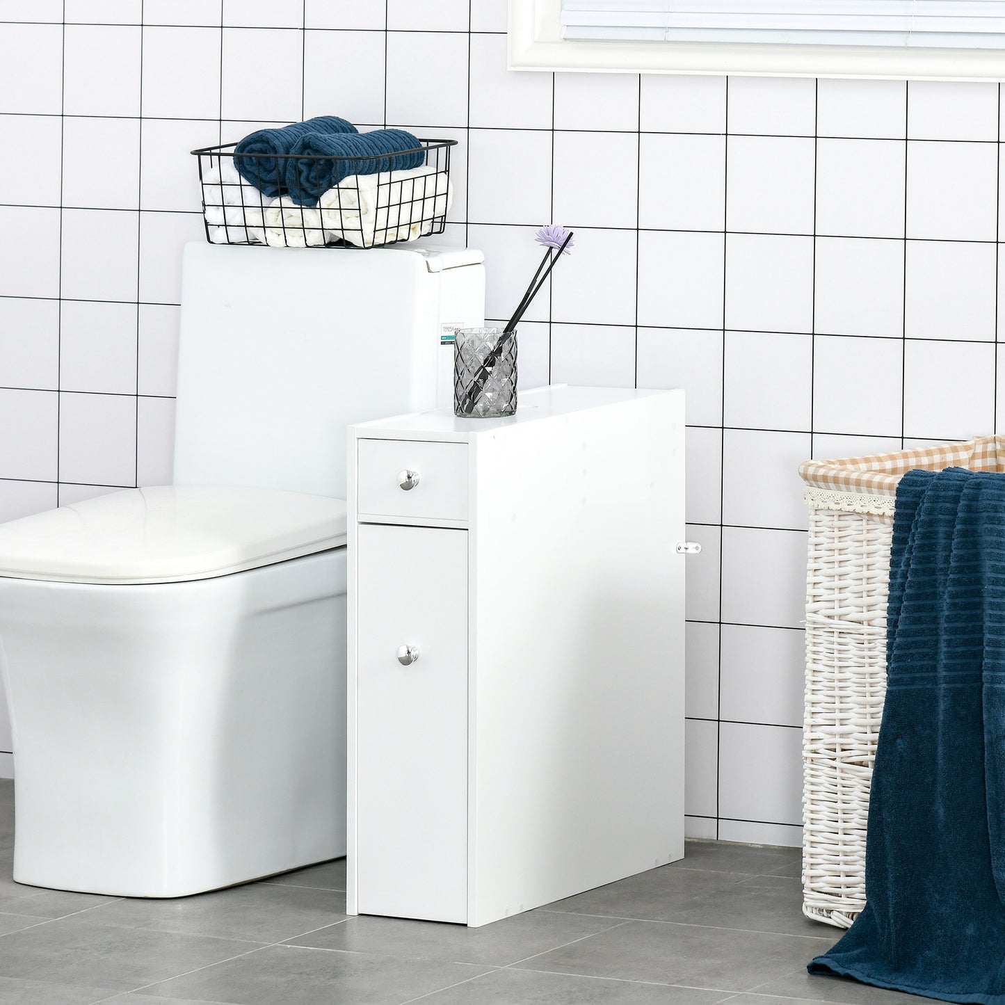 Bathroom Slim Floor Cabinet Narrow Wooden Storage Home Bath Toilet Cupboard Organiser Unit With Drawers White