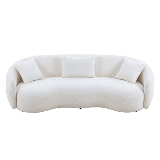 Mid Century Modern Curved Living Room Sofa, 4-Seat Boucle Fabric Couch For Bedroom, Office, Apartment, Off White Beige And White