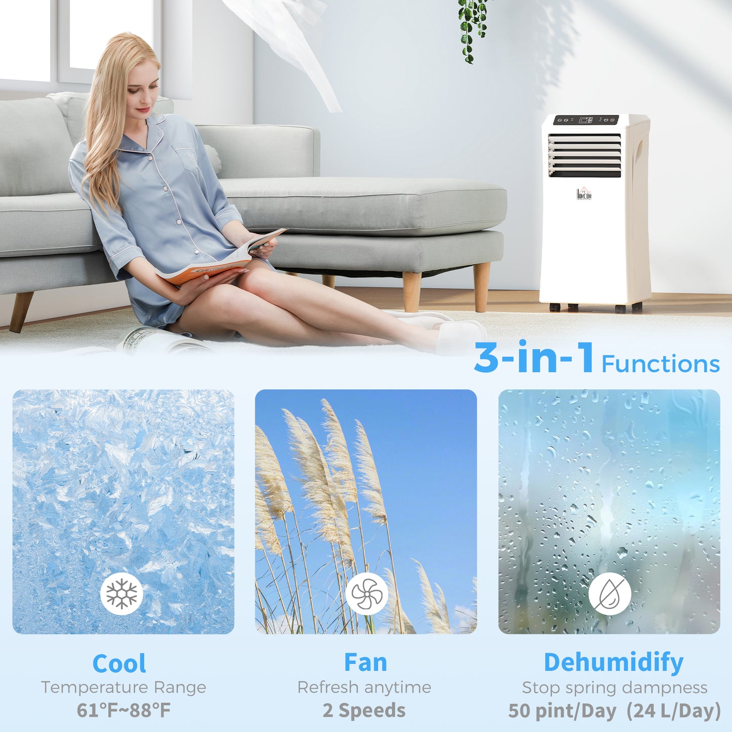 10000 BTU Mobile Portable Air Conditioner with Cooling, Dehumidifier and Ventilating, 2 Speed Fans, 24-Hour Timer, White