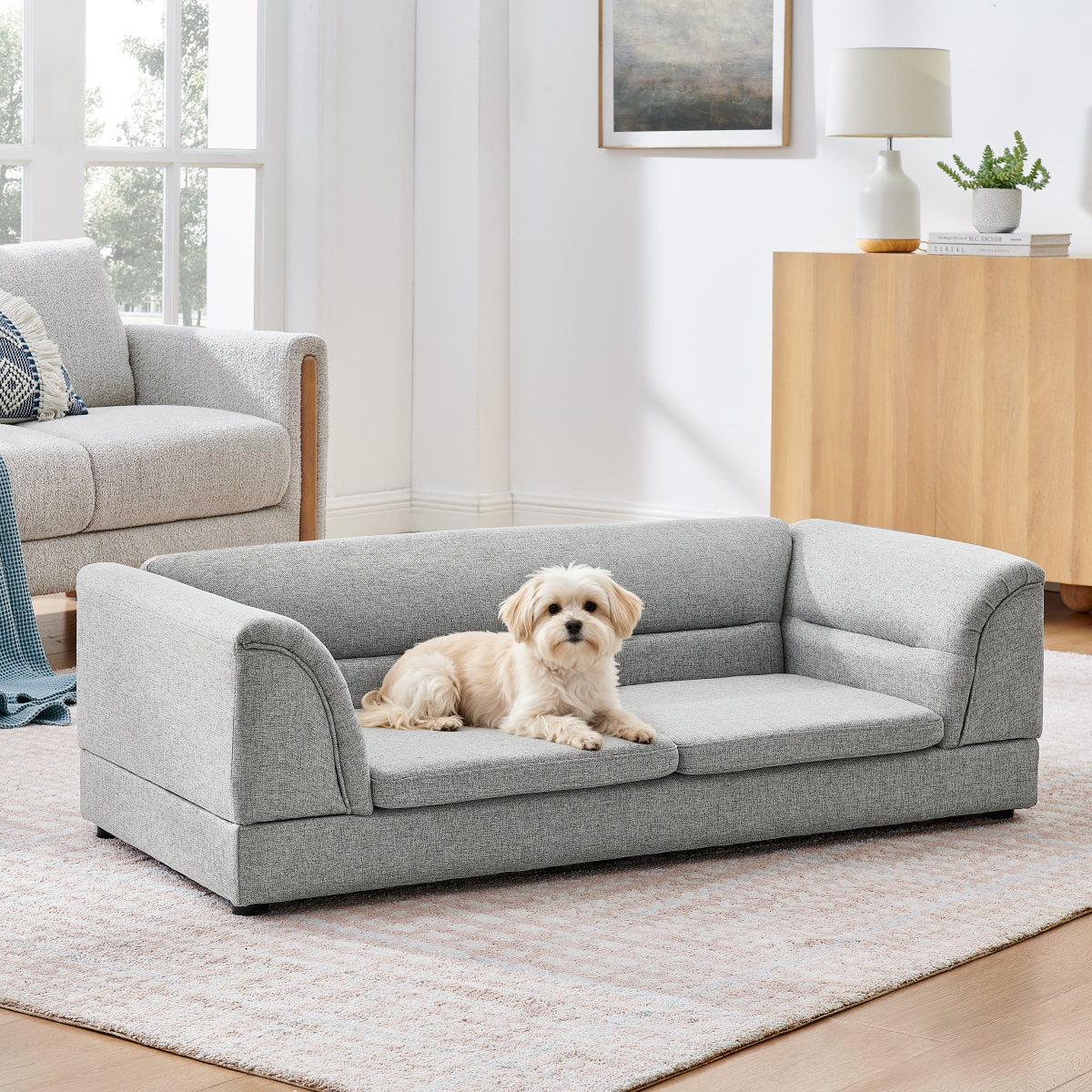Oversized Pet Sofa, Curved Armrest Rectangular Dog Sofa, Linen Fabric Comfort Pet Couch for Large & Oversized Dogs-LIGHT GREYX