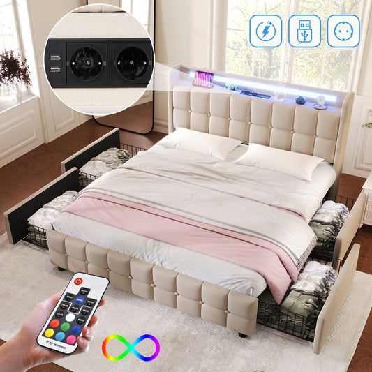 Sofa Bed With USB Charging Function, Headboard And LED Lighting And 4 Drawers, Double Bed 180x200cm, Storage Bed Frame, Wooden Spring Bed, Beige Without Mattress