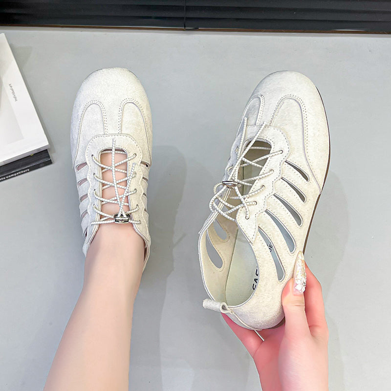 2026 New Women's French Hollow Breathable Hidden Platform Mary Janes, Round Toe Lace-Up Soft Flat Shallow Mouth Flats