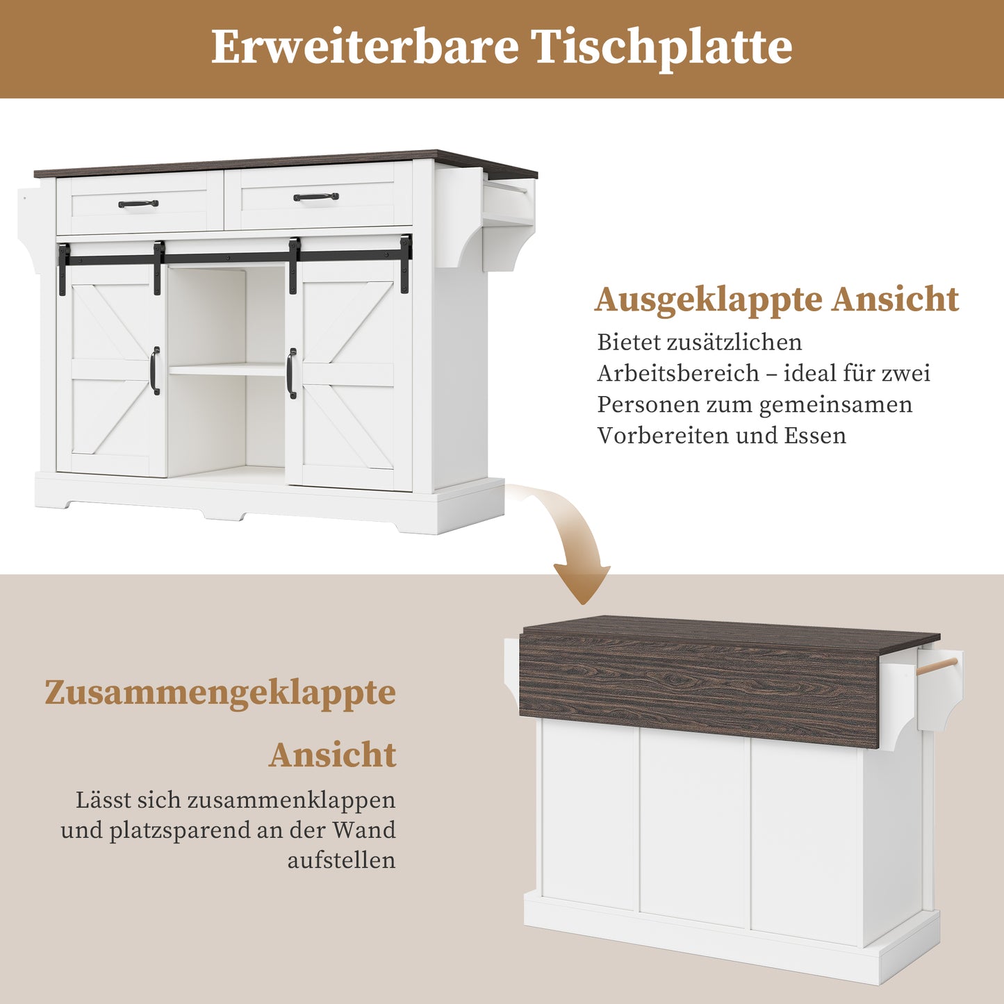 Kitchen Island With Folding Worktop, Kitchen Trolley On Wheels, Kitchen Cabinet With 2 Sliding Doors And 2 Drawers, Barn Style, White, Kitchen Storage Cabinet, 120x45 X91 Cm