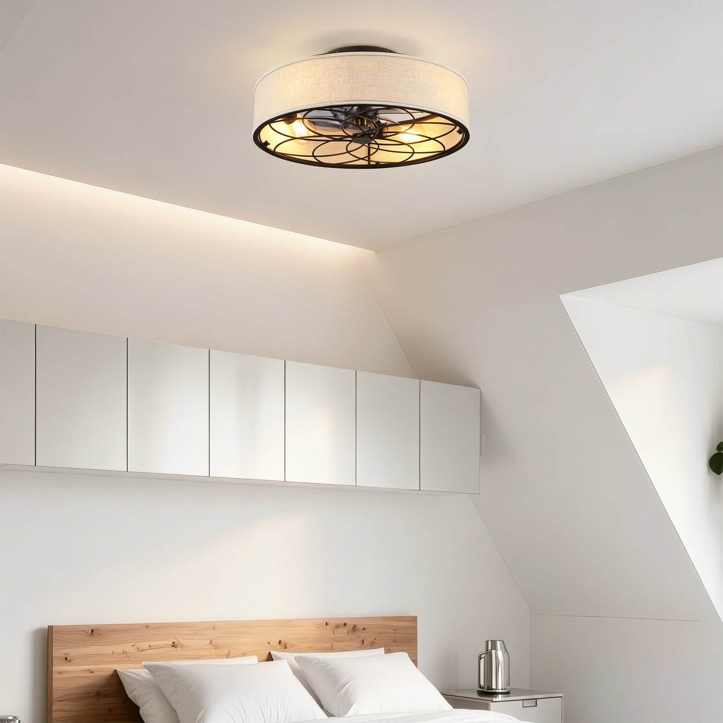 20   Low Profile Fabric Farmhouse Bladeless Ceiling Fan With Remote Control,Low Profile Modern Enclosed Ceiling Fans With Reversible Motor For Living Room, Bedroom,Kitchen--NOT INCLUDED BULBS