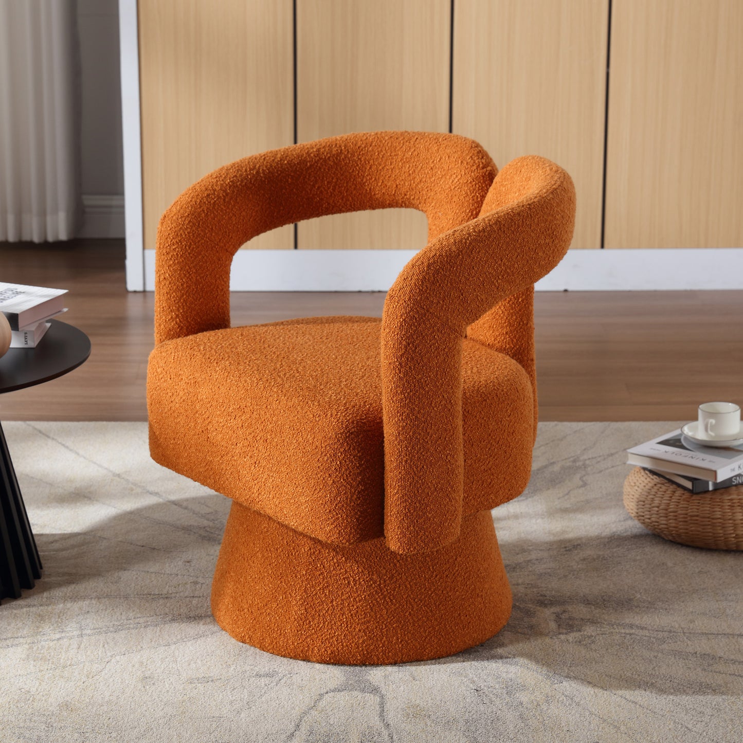 Old SKU W1880P163400 360 Degree Swivel Snuggle Barrel Accent Chairs, Round Armchairs With Wide Upholstery, Fluffy Fabric Armchair For Living Room, Bedroom, Office, Waiting Rooms