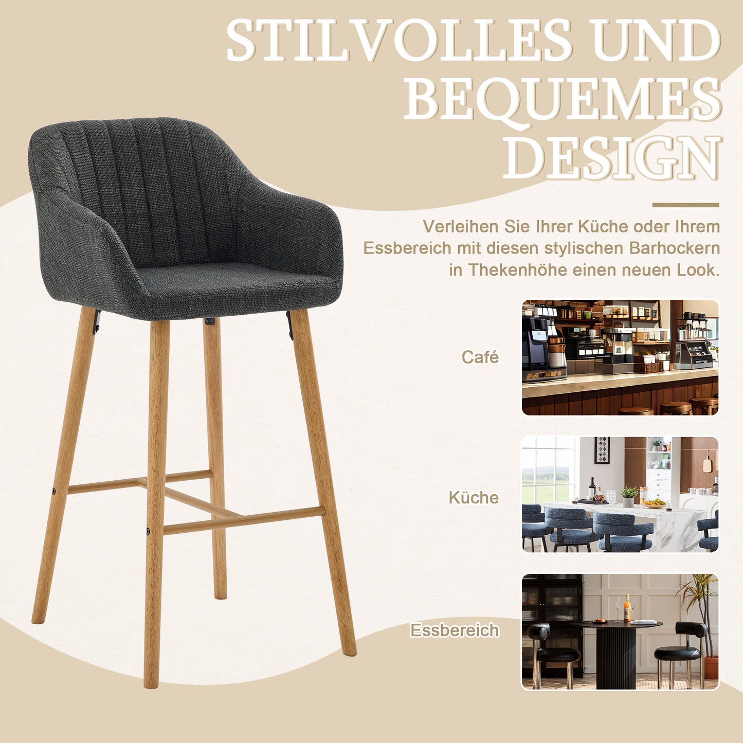 Modern European-style Bar Stools With High Backrest And Armrests, Linen-covered Seats And Wooden Legs. Suitable For Kitchens, Kitchen Islands. Set Of Two Bar Stools Black Linen