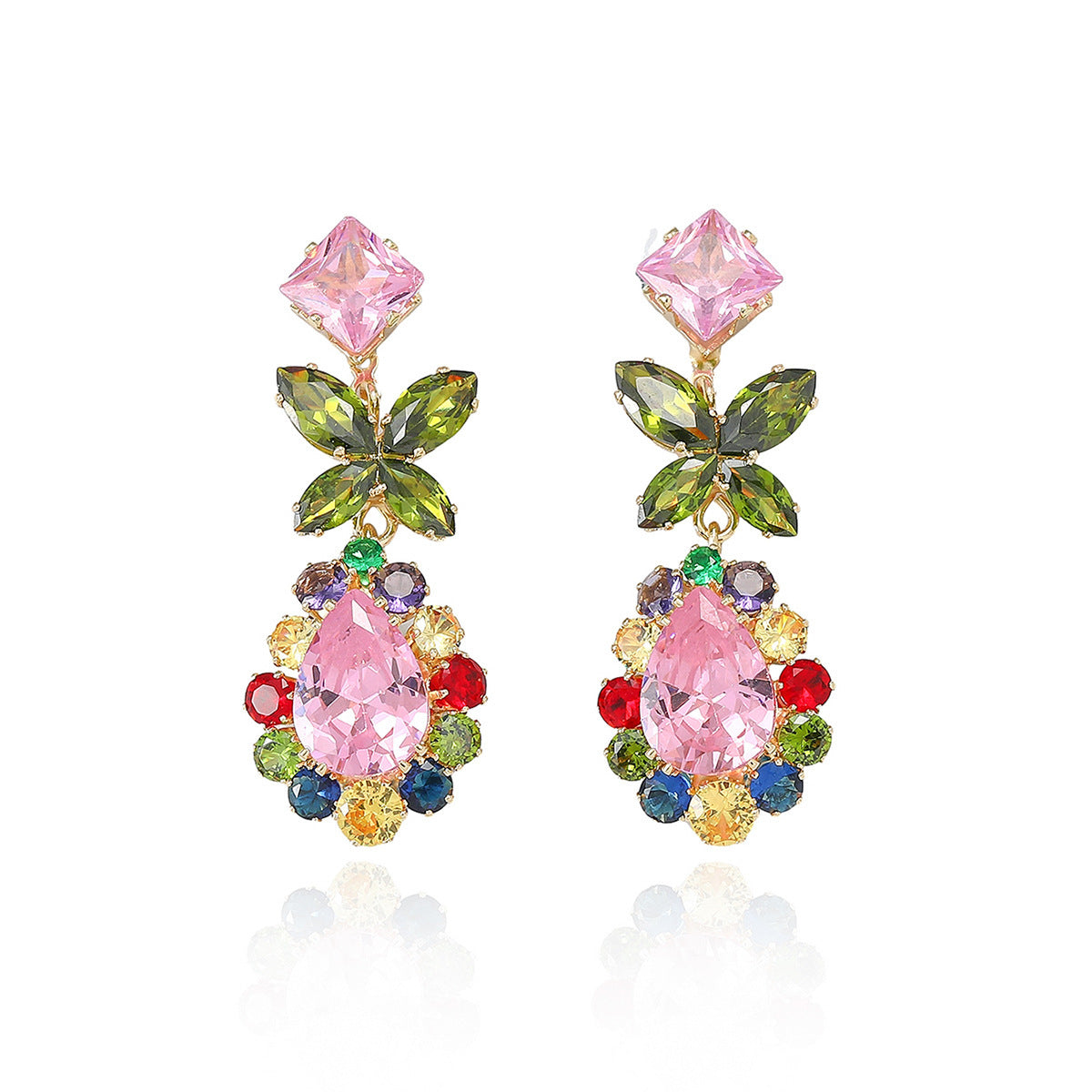 European And American Cross-Border Dress Accessories With Necklace Set, Light Luxury Pink Zircon Earrings And Necklace Two-Piece Jewelry Set