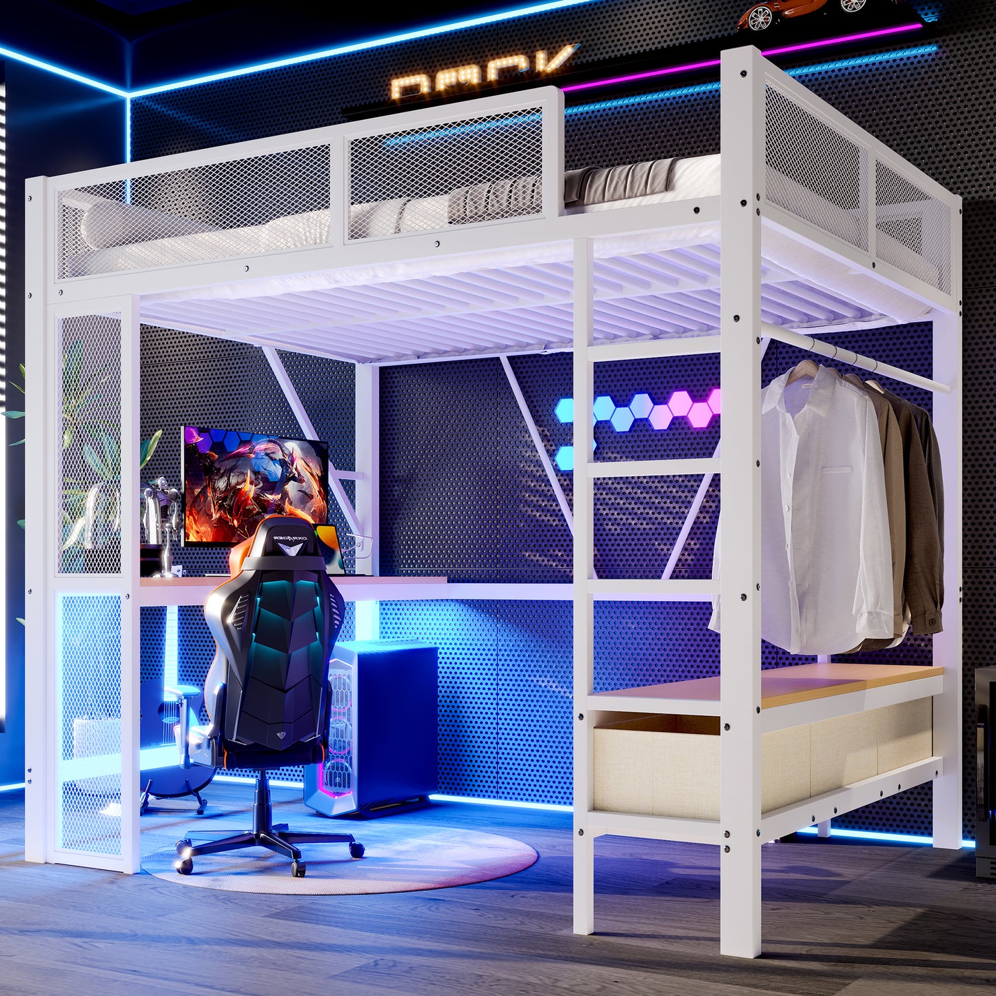 140 X 200 Cm Metal Play Loft Bed With USB, LED, Desk, Open Wardrobe And 3 Laundry Drawers, White