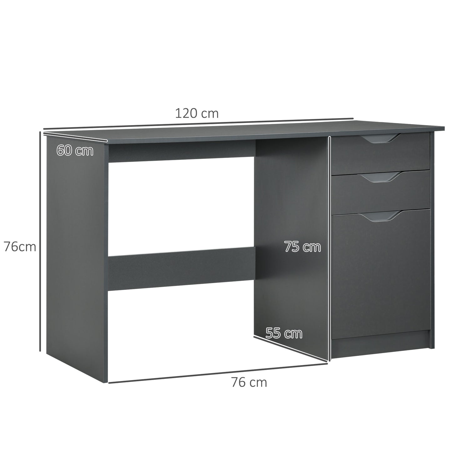 Computer Desk With Drawers, High Gloss Home Office Desk With Storage Cabinet, Study Workstation, 120 X 60cm, Grey