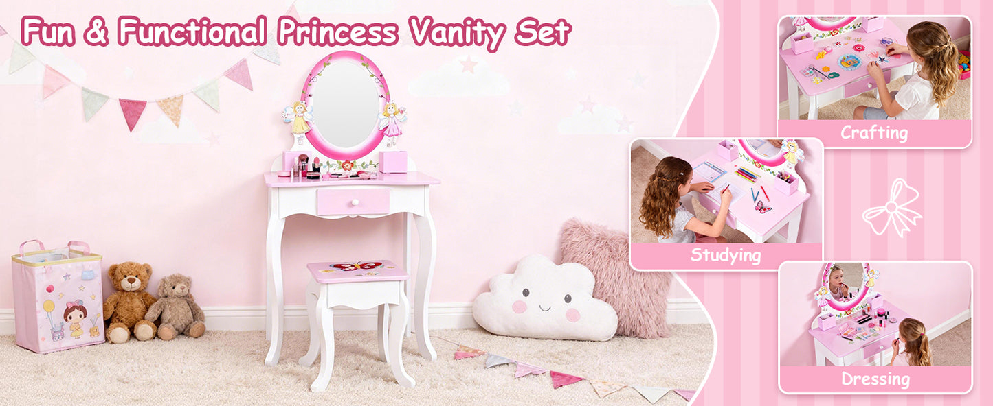 Kids Vanity Set Floral Printed Wooden Makeup Dressing Princess Table With Mirror And Stool For Role Playing Pink
