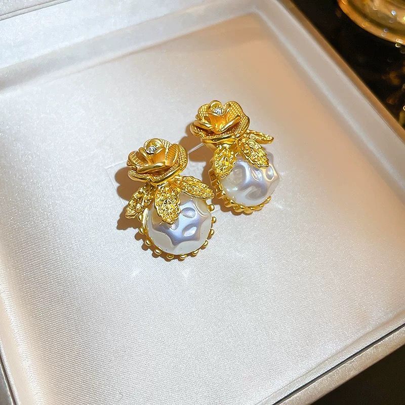 Rhinestone Floral Irregular Pearl Earrings, Elegant Compact Studs, Vintage French Light Luxury Fashion Ear Jewelry For Women