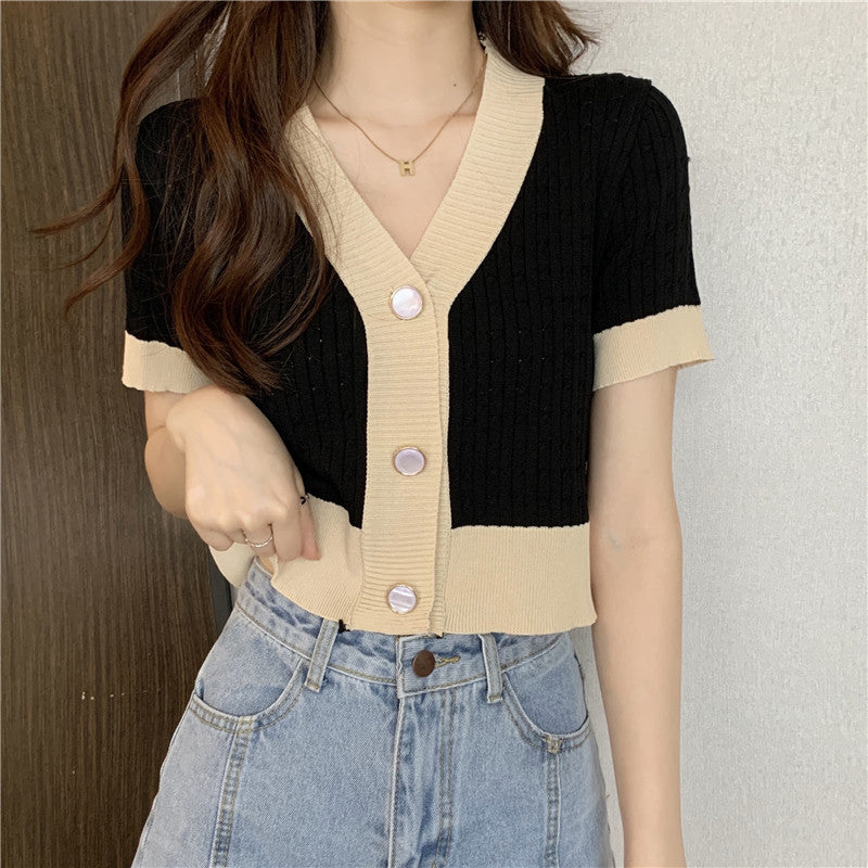 Retro V-neck Short-sleeve Knit Women's Summer Korean Loose Crop Top