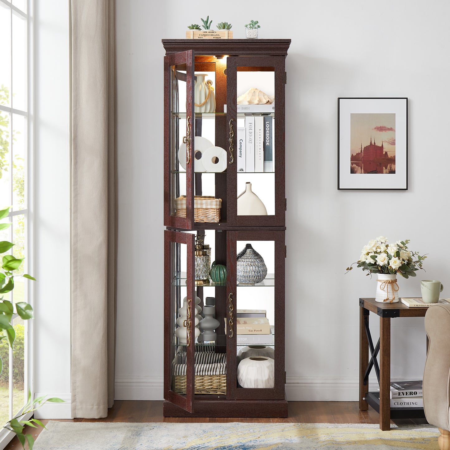 Lighted Glass Curio Display Cabinet,Display Cabinet,Glass Storage Cabinet Glass Wine Cabinet Wood Frame Toy Display For Living Room, Kitchen, Pantry Light Bulb Included Dark Cherry