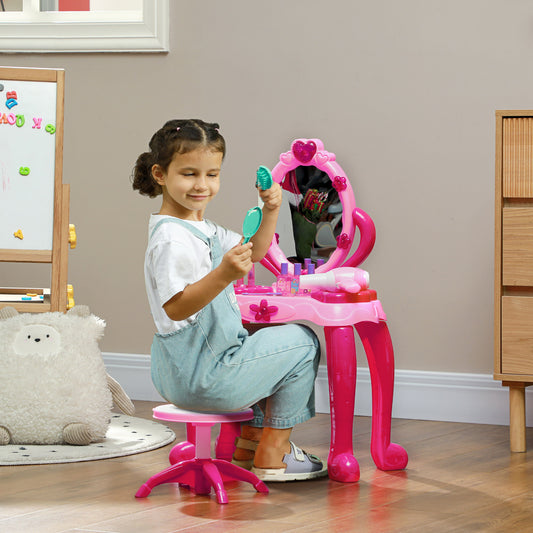Kids Vanity Set with Mirror and Stool, Light and Sound, 15 Accessories, Pink