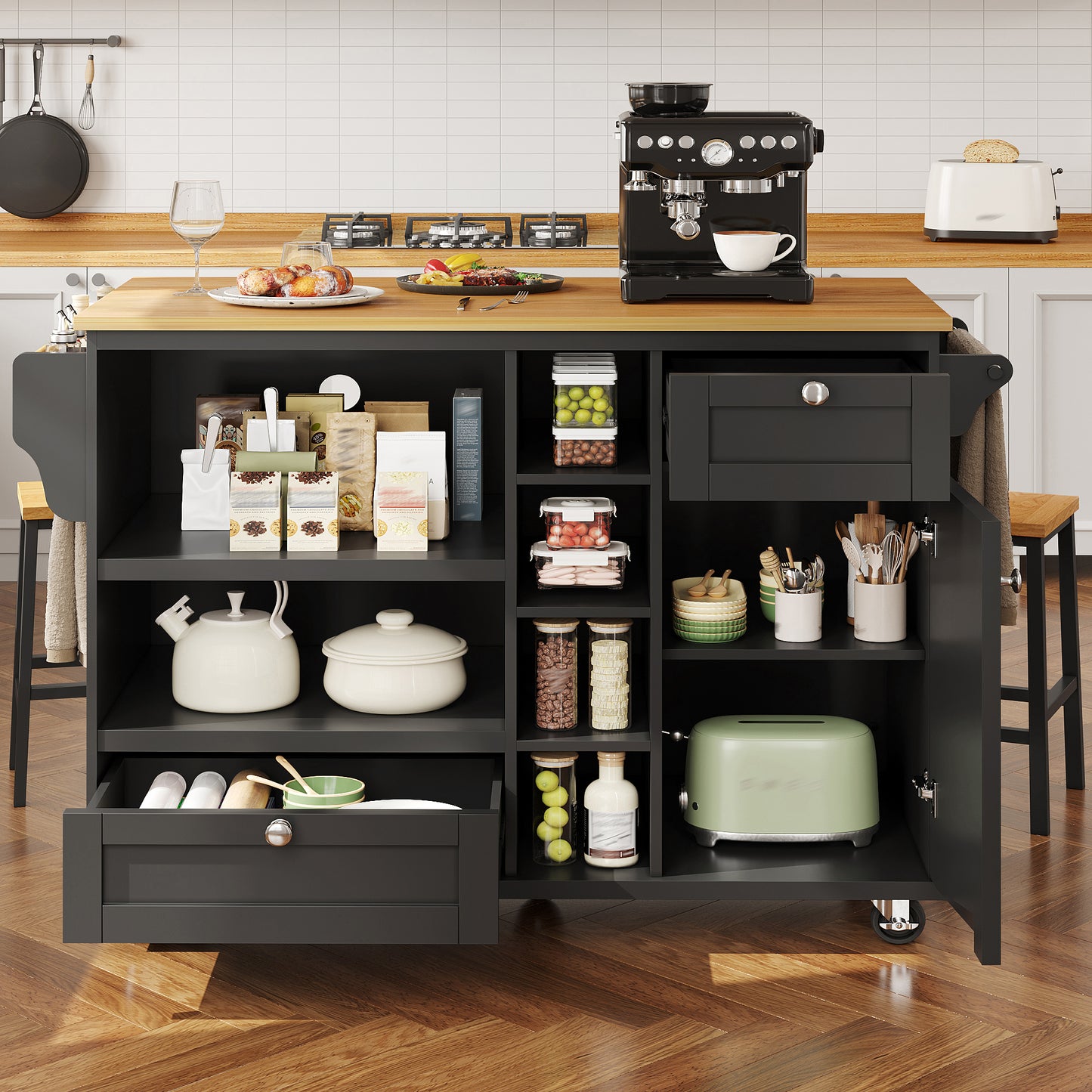 Dining Trolley  129 X 46 X 92 Cm , Modern And Simple Black Movable Kitchen Dining Trolley With Drawers And Storage Cabinets, Light Brown Wooden Countertop Previous Sku N620P19312829S