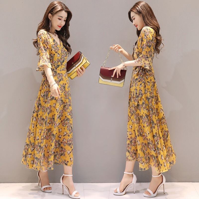 Summers New Slim-fit Floral-print Chiffon-look Dress