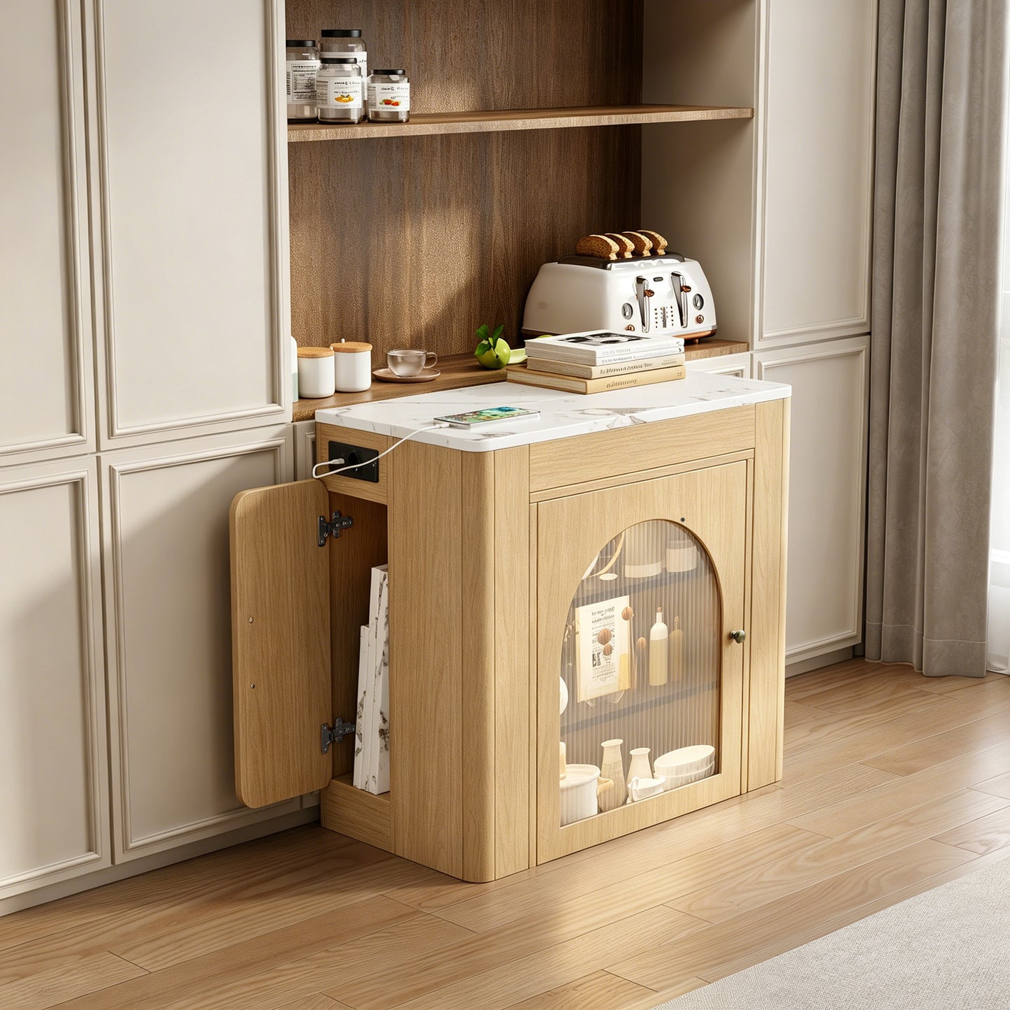 Kitchen Island With Wheels, Extendable Dining Table With Removable Table Top, Mobile Serving Trolley With Power Strips, Serves As A Sideboard, Sideboard Or Bar Table For Kitchen And Dining Room  Natur