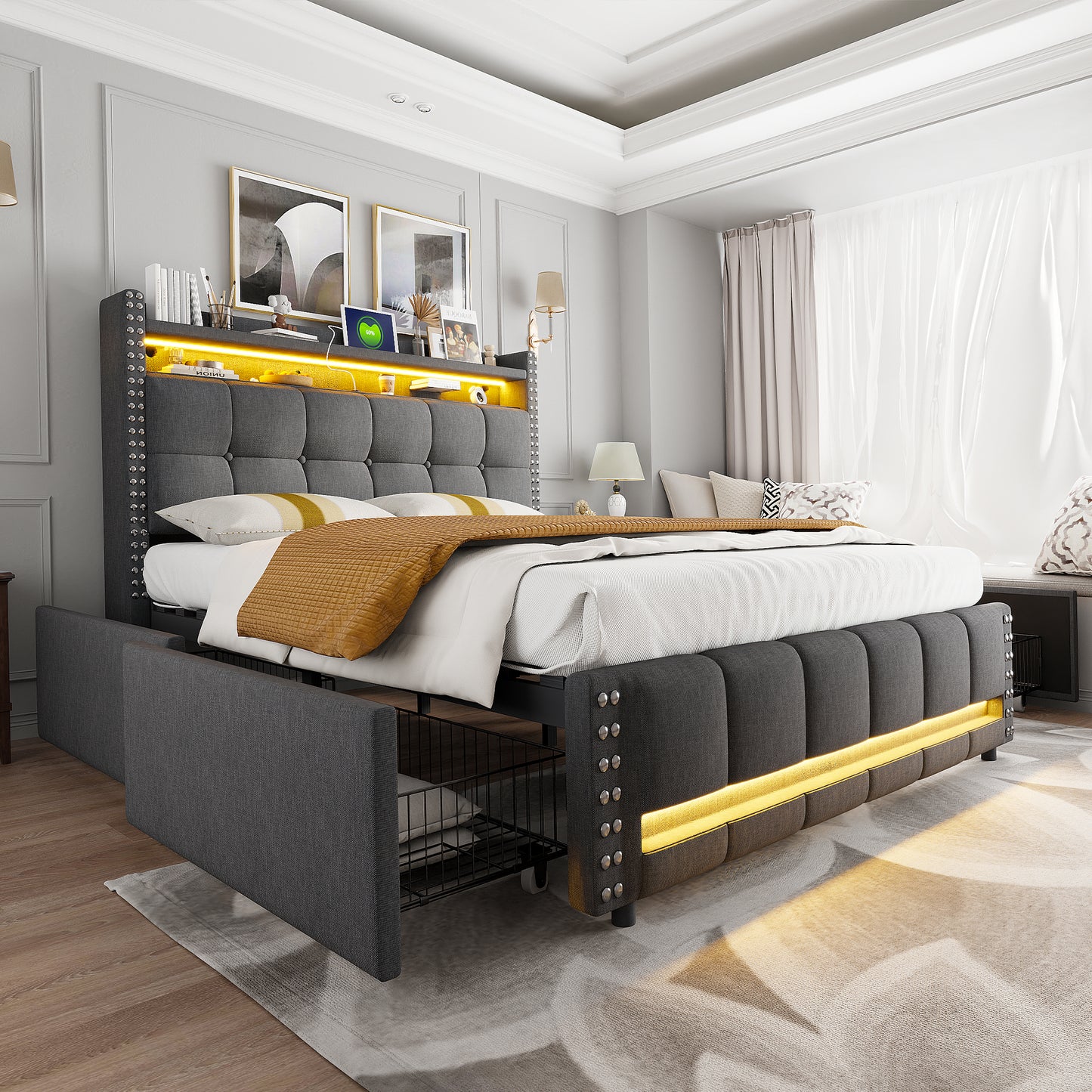Upholstered Bed 160x200 Cm With LED Lighting And USB Socket, Headboard With Shelves And Storage Space With 4 Drawers, Double Bed For Adults, Linen Fabric Grey