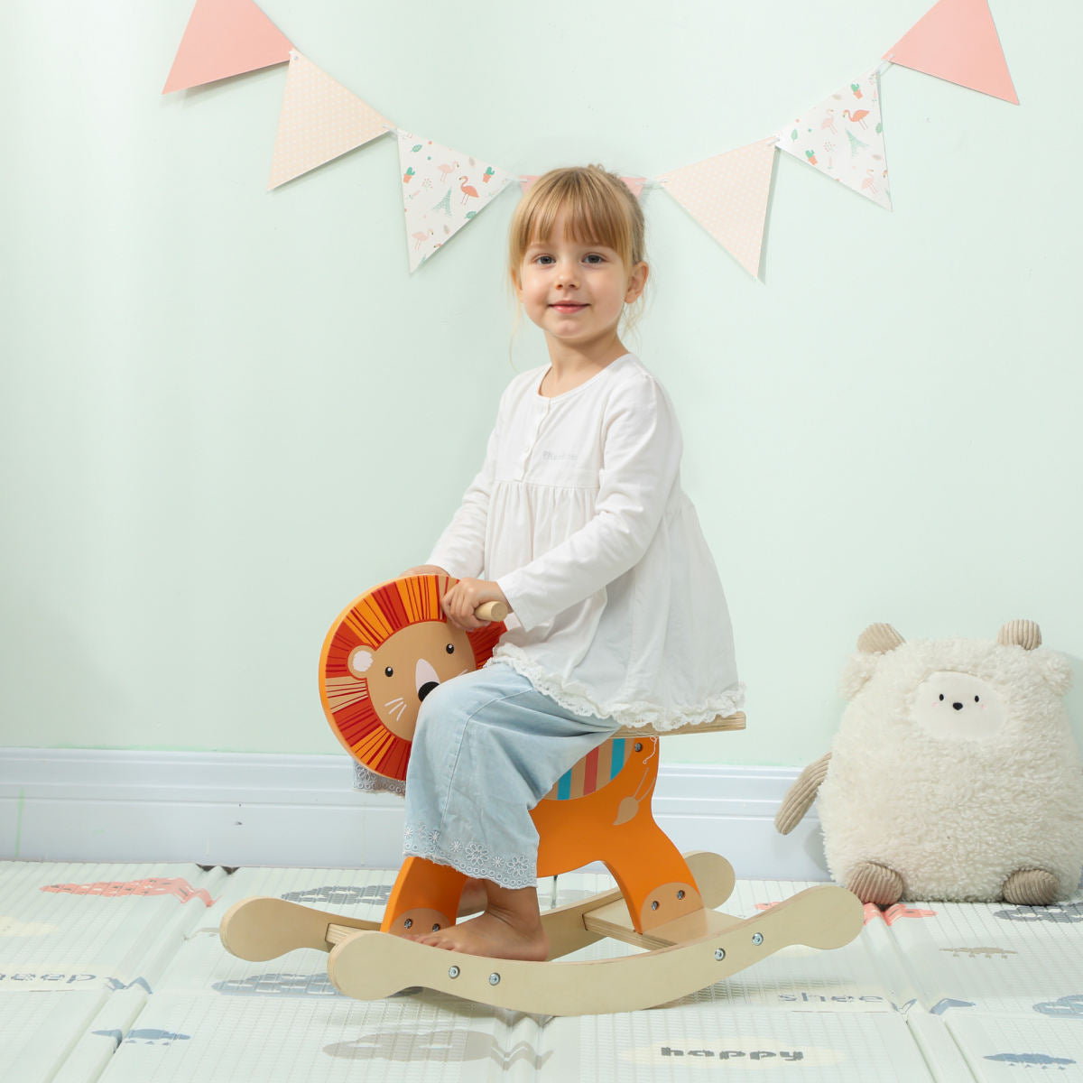Schaukelpferd Mit Löwen-Design, 25 Kg Belastbarkeit, 2-5 Jahre, Holz, Orange