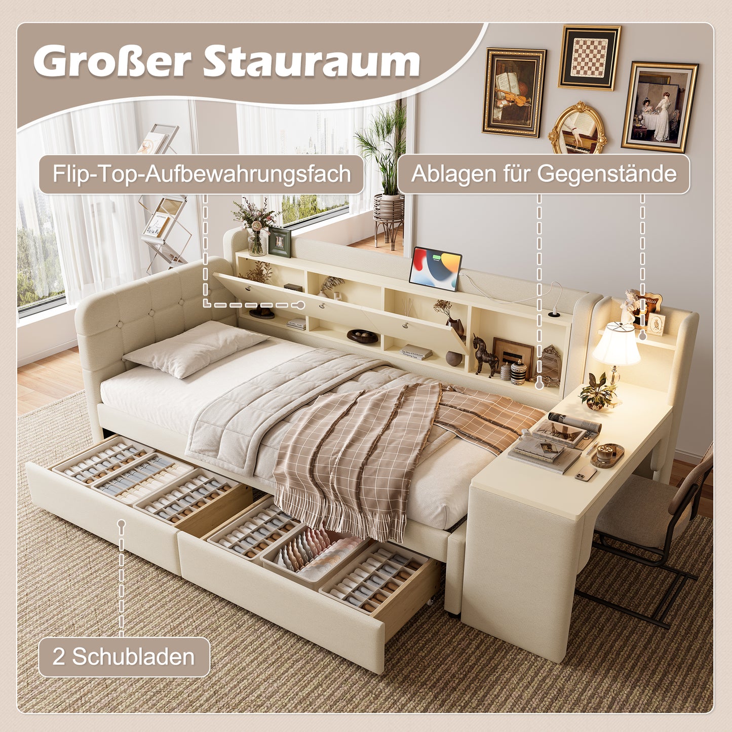 Daybed, Daybed, Sofa Bed, With 2 Drawers, Desk, USB  Type C, Flip-top Storage Compartment, Storage Compartment, Bed With Slatted Base Without Mattress, Linen, Beige