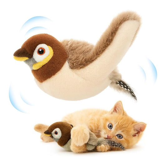 USB Rechargeable Flapping Bird Cat Toy, Realistic Chirping White Faced Sparrow Plush Toy, Motion Activated Electronic Interactive Pet Toy For Indoor Cats Exercise