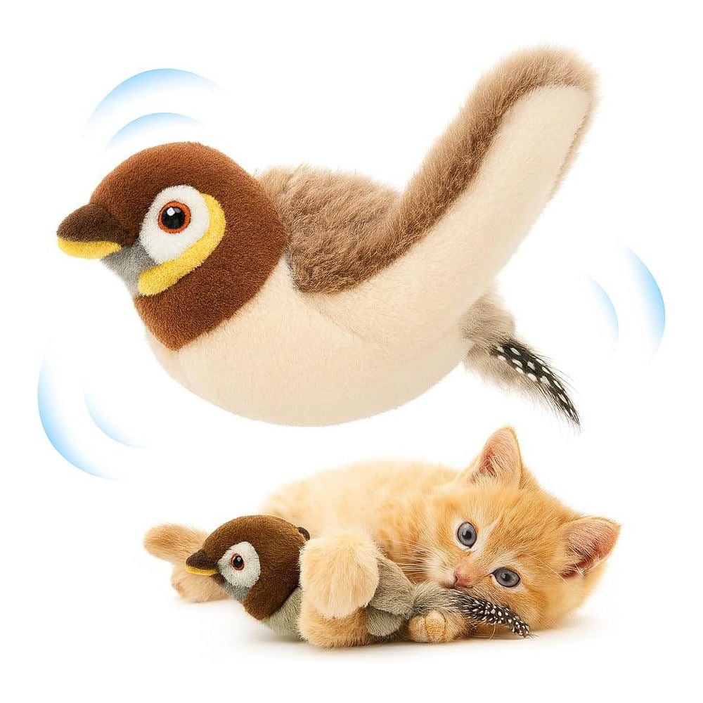 USB Rechargeable Flapping Bird Cat Toy, Realistic Chirping White Faced Sparrow Plush Toy, Motion Activated Electronic Interactive Pet Toy For Indoor Cats Exercise